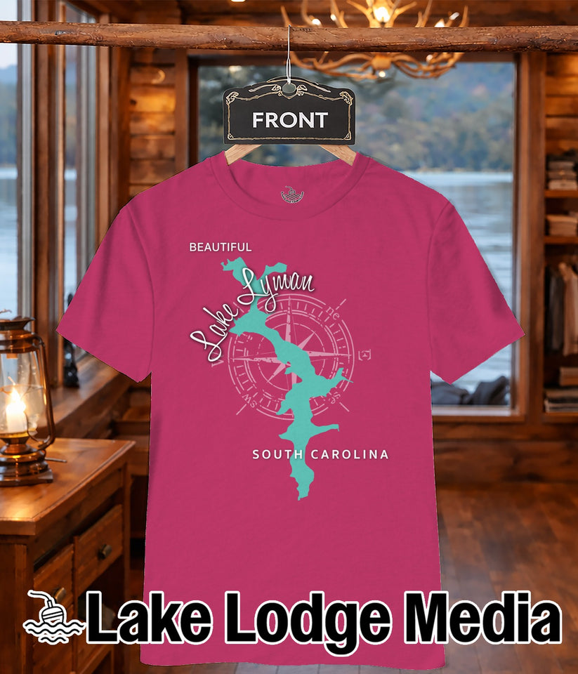 Pink t-shirt with a compass and map of South Carolina, "Lake Lyman" text.