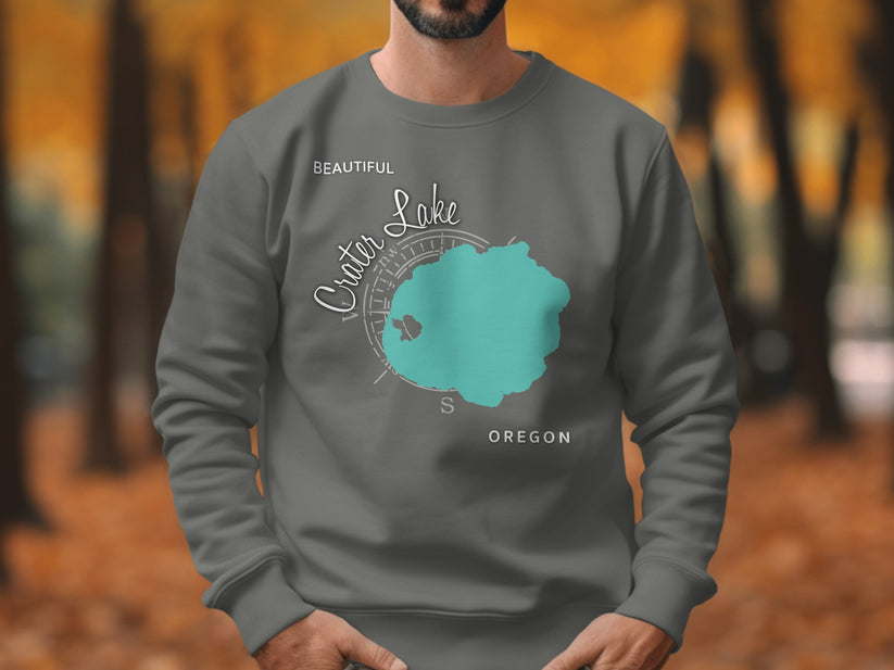 Grey sweatshirt with "Beautiful Crater Lake Oregon" text and teal lake map.
