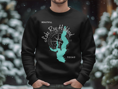 Black sweatshirt with Lake Ray Hubbard map and compass graphic.