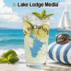 Tall glass with Lake Buchanan map and Texas on a beach with limes.