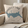 Beige pillow with blue Rangeley Lake, Maine map and compass design.