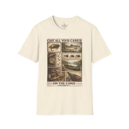 Fly Fishing Cast All Your Cares Upon the Lord Scripture T-Shirt | 1 Peter 5:7 Bible Verse for Fisherman, Father's Day