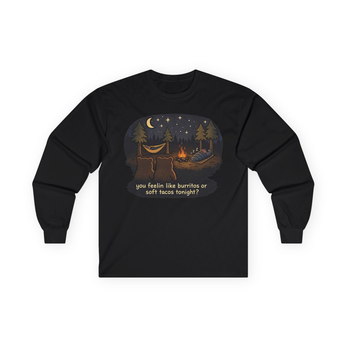 Campfire Bears Humor Long Sleeve T-Shirt, People in Sleeping Bags are Bear Burritos and Tacos Joke, Camping Hiking Shirt