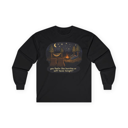 Campfire Bears Humor Long Sleeve T-Shirt, People in Sleeping Bags are Bear Burritos and Tacos Joke, Camping Hiking Shirt