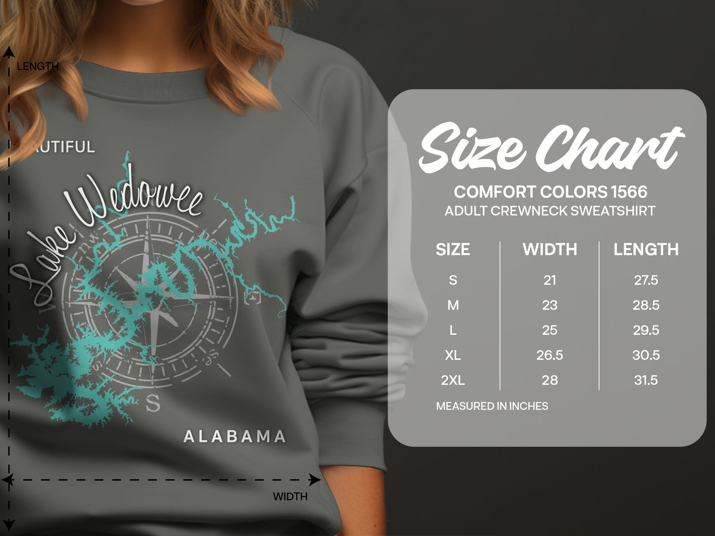 Lake Wedowee Alabama sweatshirt size chart with measurements.