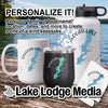 White mug, black tumbler, and white water bottle with Oologah Lake map design.