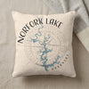 Cream pillow with blue map of Norfolk Lake and "Norfolk Lake Arkansas" text.