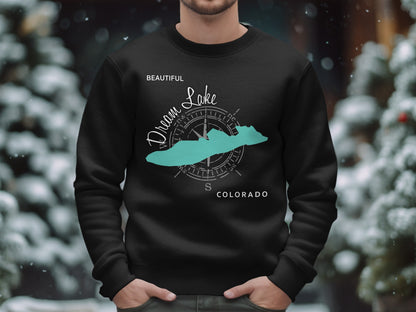 Black sweatshirt with a turquoise map outline of Dream Lake, Colorado.