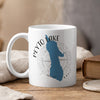 White mug with blue Peyto Lake map and compass design.