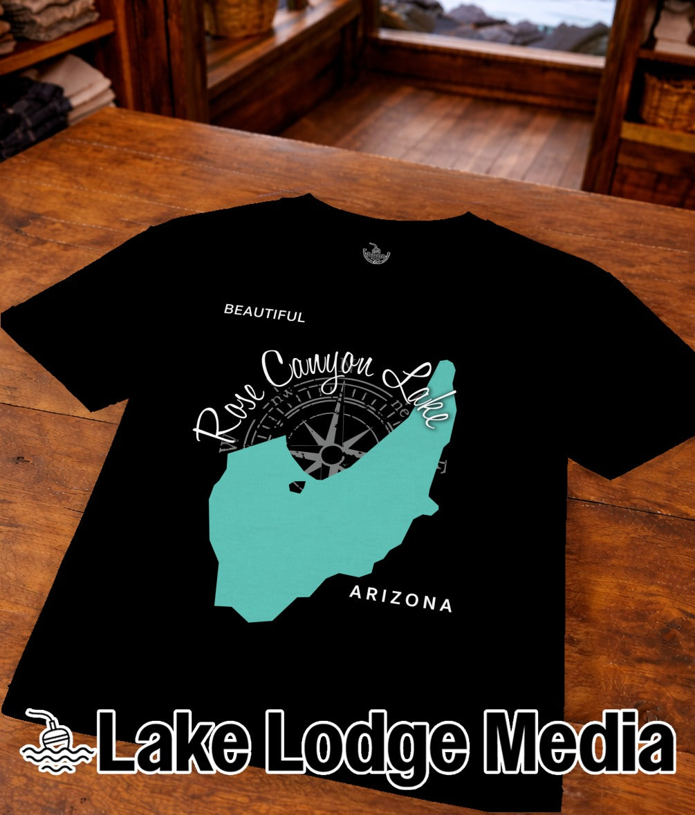 Black t-shirt with "Rose Canyon Lake Arizona" text and compass design.