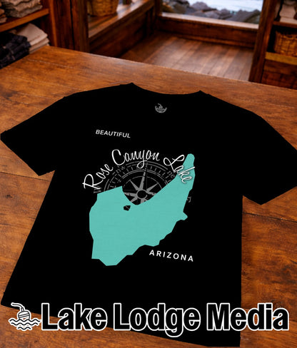 Black t-shirt with "Rose Canyon Lake Arizona" text and compass design.