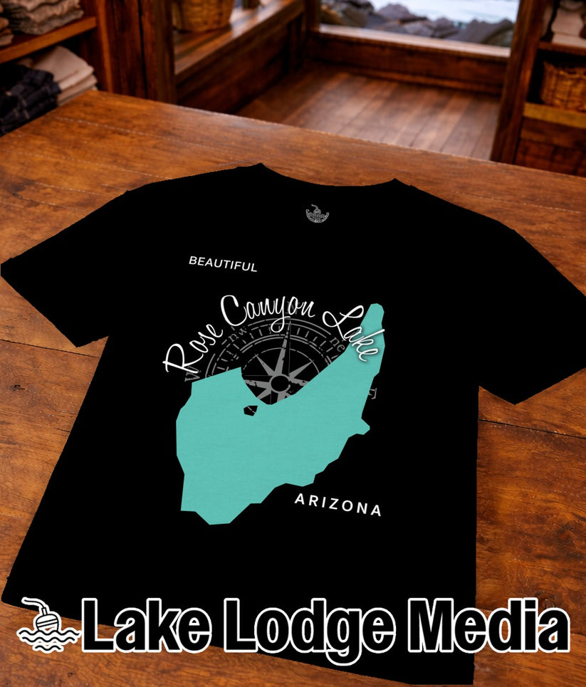 Black t-shirt with "Rose Canyon Lake Arizona" text and compass design.