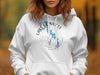 White hoodie with Lake Glenville, North Carolina compass design and map graphic.