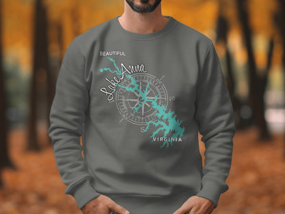 Gray sweatshirt with "Beautiful Lake Anna Virginia" and compass rose map.