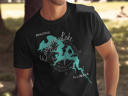 Black t-shirt with teal map of Evergreen Lake, Illinois.