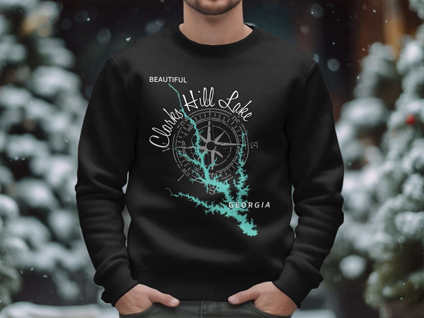 Black sweatshirt with a map of Clarks Hill Lake, Georgia and compass design.