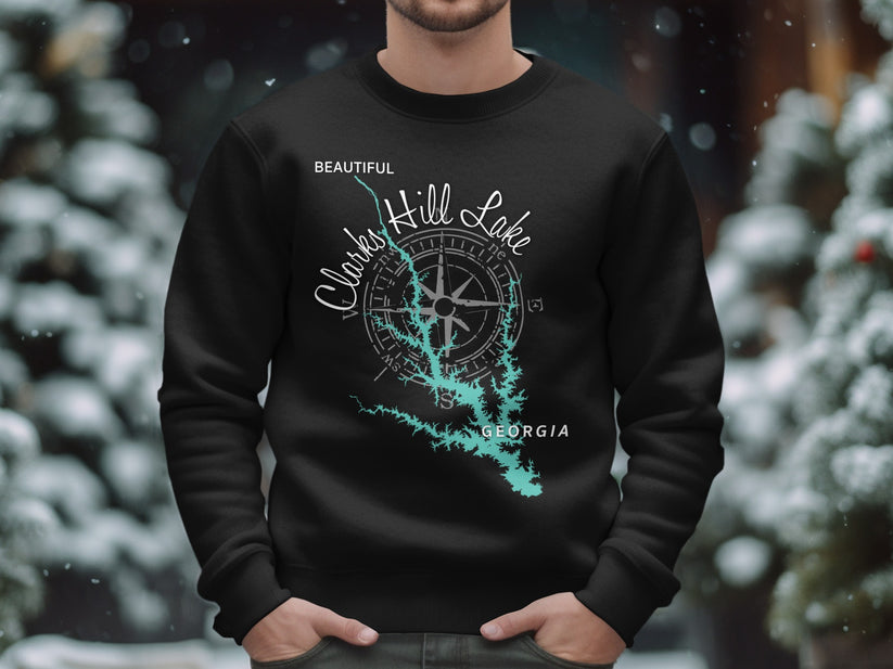 Black sweatshirt with a map of Clarks Hill Lake, Georgia and compass design.