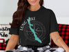 Black t-shirt featuring a teal Long Lake Maine map over a compass rose.