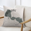 Pillow with Forest Lake Minnesota map and compass graphic.