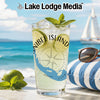 Glass with Sanibel Island, Florida map, compass, and text on a beach background.