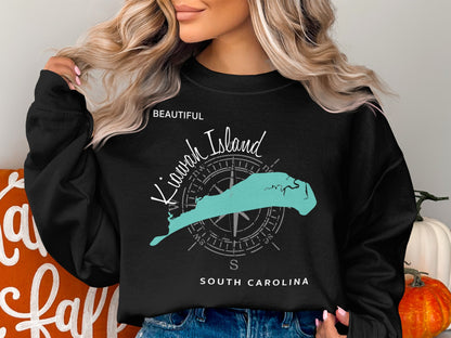 Black sweatshirt with a teal map of Kiawah Island, South Carolina and compass rose.