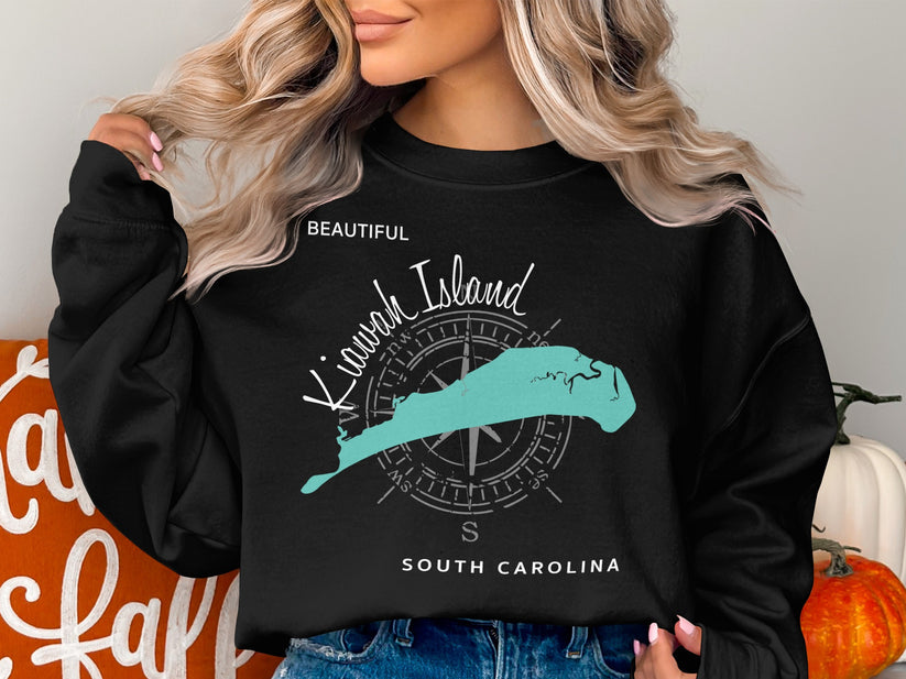 Black sweatshirt with a teal map of Kiawah Island, South Carolina and compass rose.