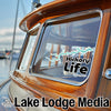 Hickory Life sticker on a boat window, with Lake Lodge Media logo.