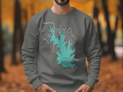 Grey sweatshirt with "Beautiful Lake Stanley Draper Oklahoma" map design.