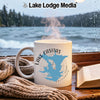 White mug with Lake Casitas map design and "Lake Lodge Media" logo.
