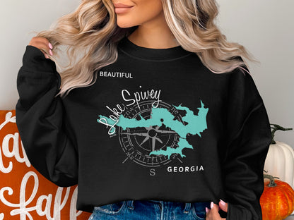 Black sweatshirt with "Beautiful Lake Spivey" map graphic and compass rose.