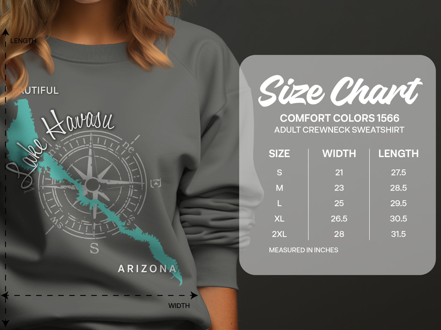 Size chart for Comfort Colors 1566 adult crewneck sweatshirt.