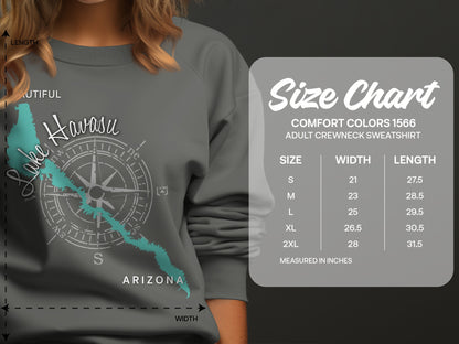 Size chart for Comfort Colors 1566 adult crewneck sweatshirt.
