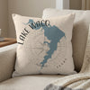 Cream pillow with blue Lake Waco map and compass design, text reads "LAKE WACO TEXAS".
