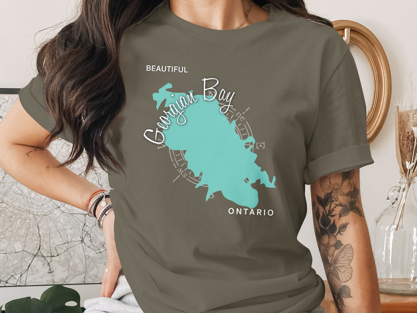 Georgian Bay Ontario map graphic on a grey t-shirt.