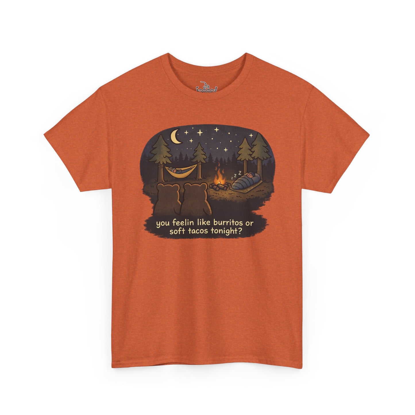Campfire Bears Humor T-Shirt, People in Sleeping Bags are Bear Burritos and Tacos Joke, Camping Hiking Smores Bonfire Apparel