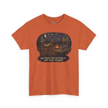 Campfire Bears Humor T-Shirt, People in Sleeping Bags are Bear Burritos and Tacos Joke, Camping Hiking Smores Bonfire Apparel