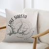 Lake Shasta California map pillow with compass design and text.