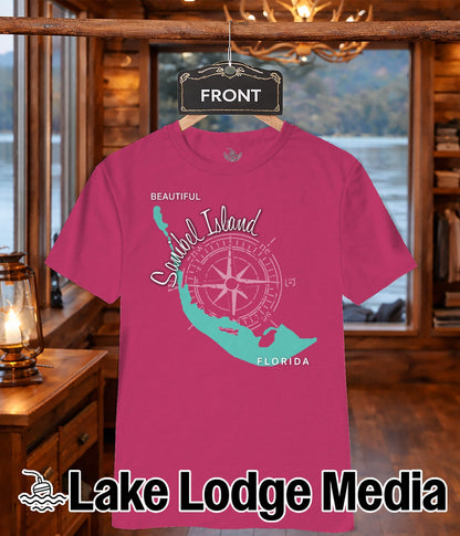 Pink t-shirt with a compass rose and Sanibel Island map, "Lake Lodge Media" text.