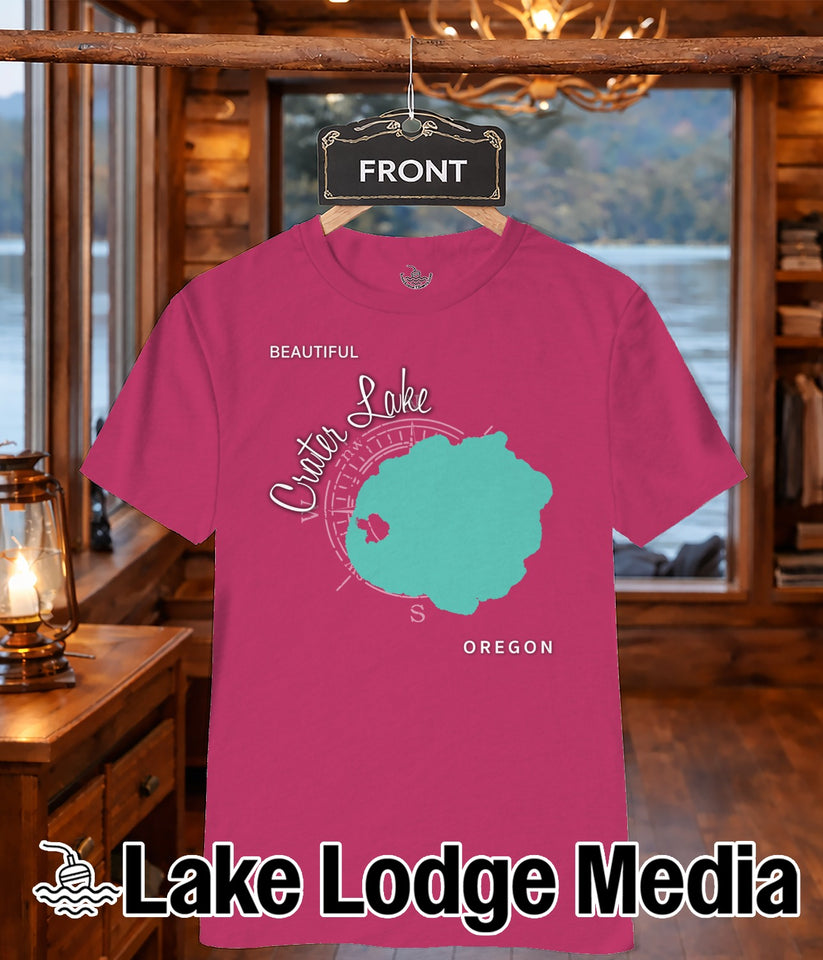 Crimson t-shirt with Crater Lake Oregon map and compass graphic.
