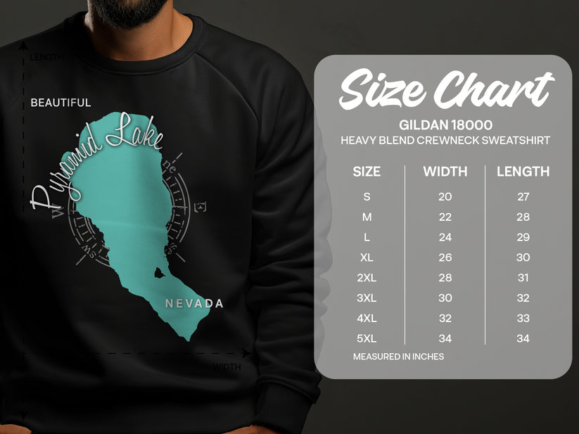 Sweatshirt with Pyramid Lake map graphic and Gildan 18000 size chart.