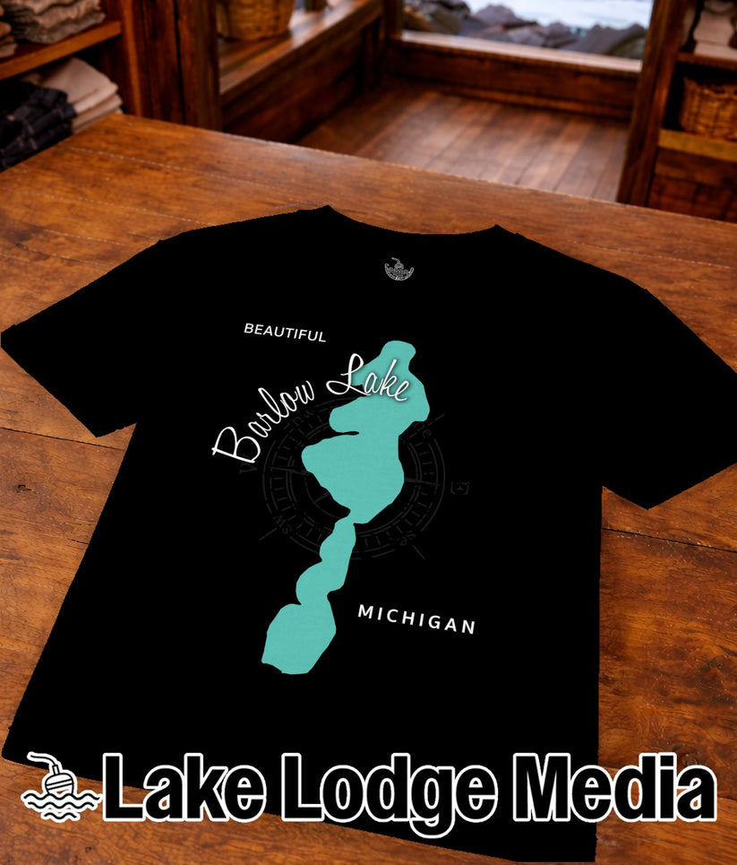 Black t-shirt with turquoise map of Lake Michigan and "Burlow Lake" text.