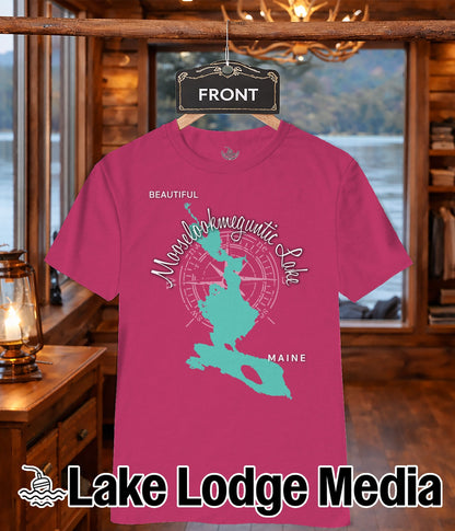 Pink t-shirt with "Mooselookmeguntic Lake Maine" text and a compass graphic.