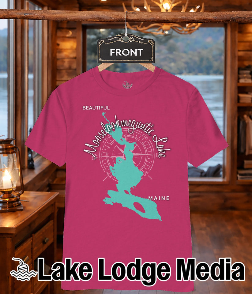 Pink t-shirt with "Mooselookmeguntic Lake Maine" text and a compass graphic.