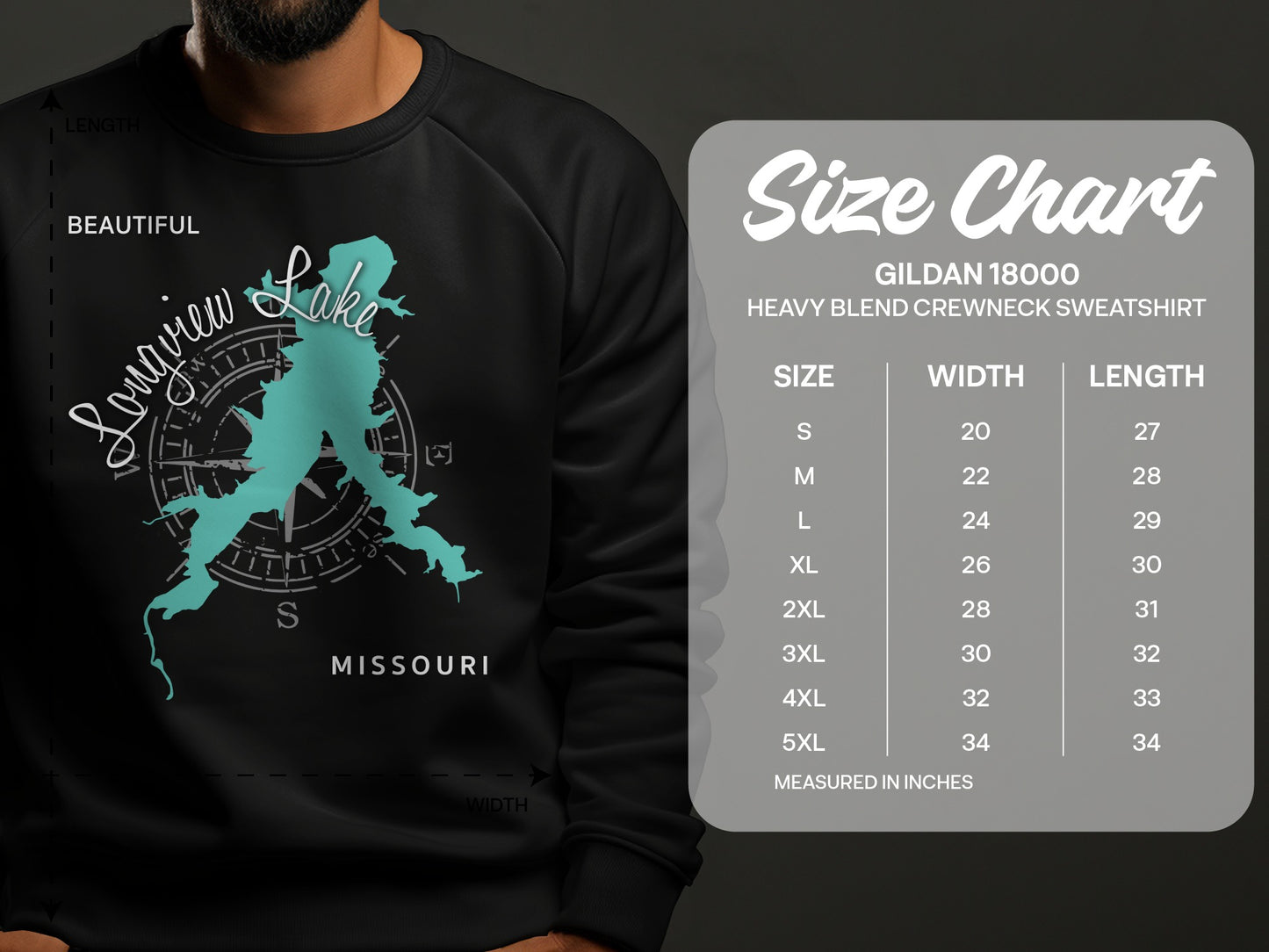 Sweatshirt showing Longview Lake map with size chart for Gildan crewneck.