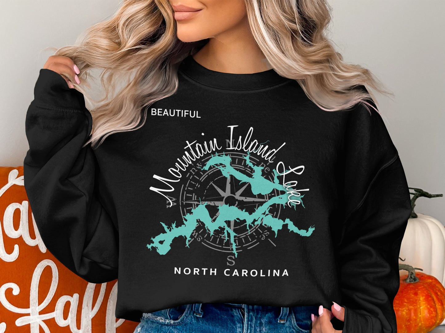 Black sweatshirt with "Beautiful Mountain Island Lake North Carolina" text and map graphic.
