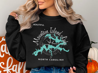 Black sweatshirt with "Beautiful Mountain Island Lake North Carolina" text and map graphic.