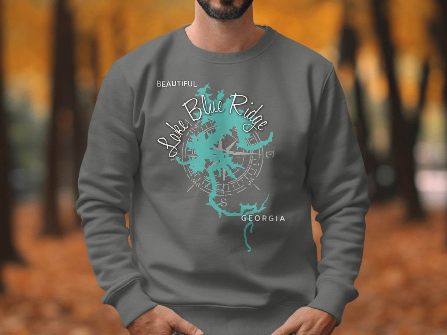 Crewneck sweatshirt with Lake Blue Ridge Georgia map and compass graphic.