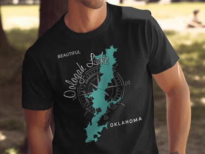 Oologah Lake Oklahoma map graphic on black t-shirt.