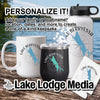 Lake Berryessa themed mug, tumbler, water bottle, and coaster on wood.