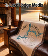 Tapestry throw on a leather couch with "Lake Shelbyville Illinois" map design.